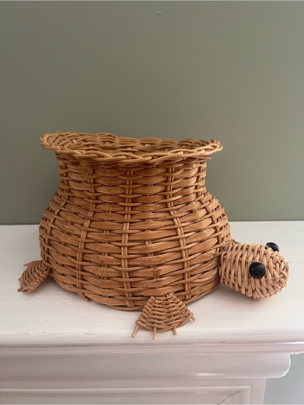 Vintage Interpur Woven Wicker Turtle Basket Planter Boho Taiwan